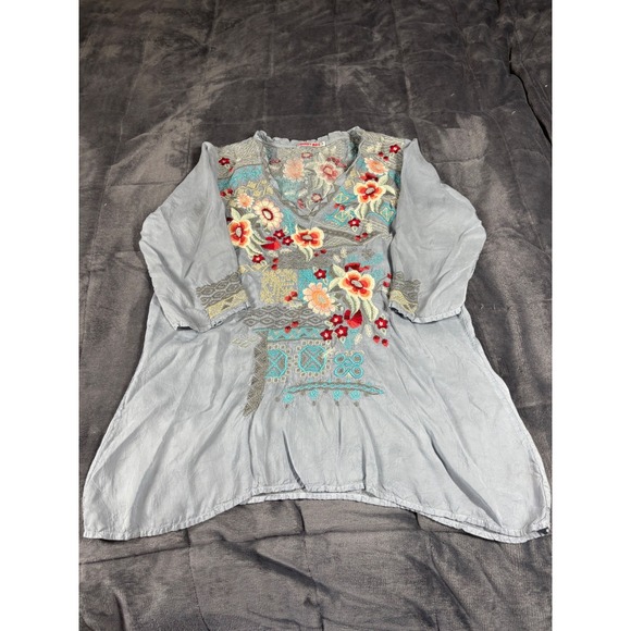 Johnny Was Tops - Johnny Was Womens Embroidered Silk Blend Tunic Blouse Blue Floral V-Neck Size M